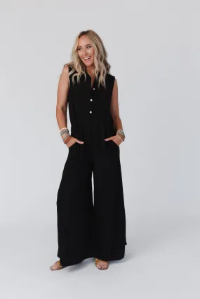 Bet On It Textured Wide Leg Jumpsuit - Black