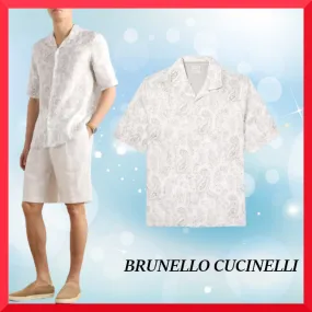 BRUNELLO CUCINELLI  |Button-down Paisley Linen Street Style Short Sleeves Bridal