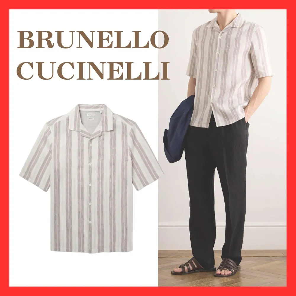 BRUNELLO CUCINELLI  |Button-down Stripes Unisex Linen Street Style Short Sleeves