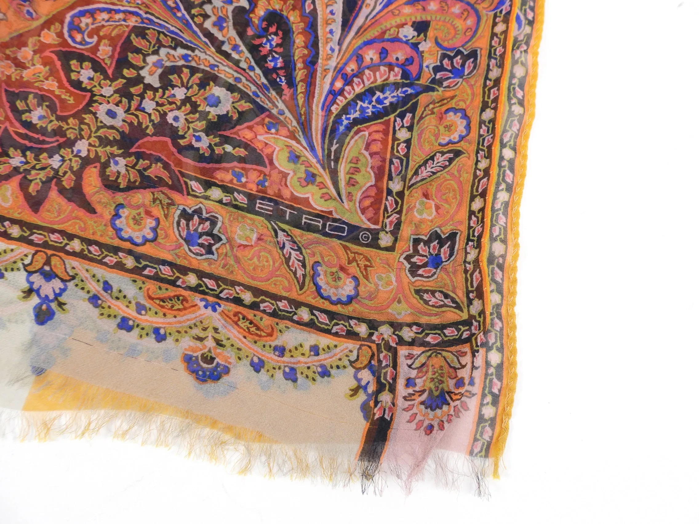 Etro Orange Yellow Paisley Silk Chiffon Scarf