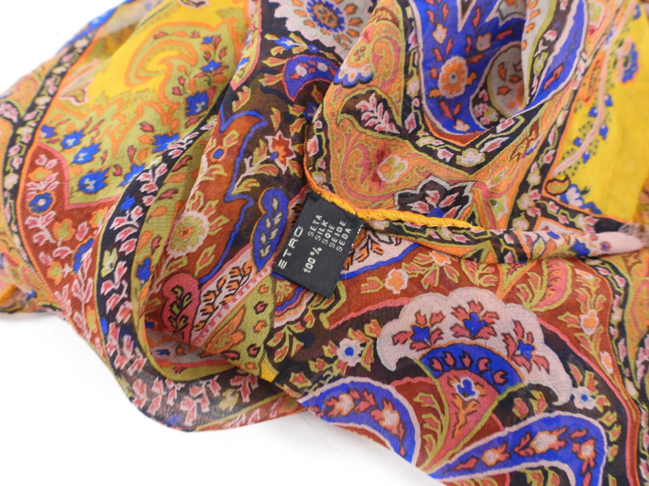 Etro Orange Yellow Paisley Silk Chiffon Scarf