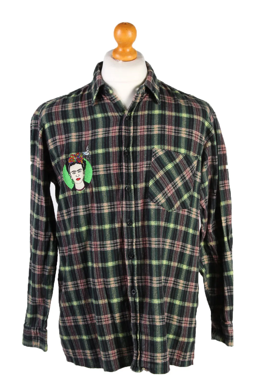 Flannel Shirt Remake Rolling Stones Lips Printed Long Sleeve Green M - Pepper Tree London