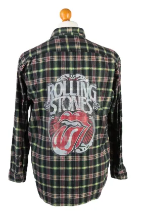 Flannel Shirt Remake Rolling Stones Lips Printed Long Sleeve Green M - Pepper Tree London