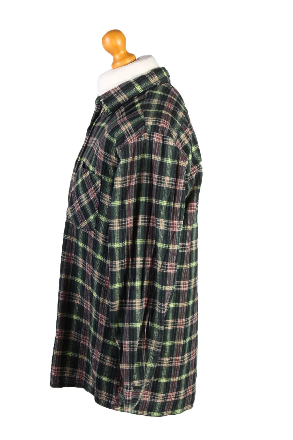 Flannel Shirt Remake Rolling Stones Lips Printed Long Sleeve Green M - Pepper Tree London