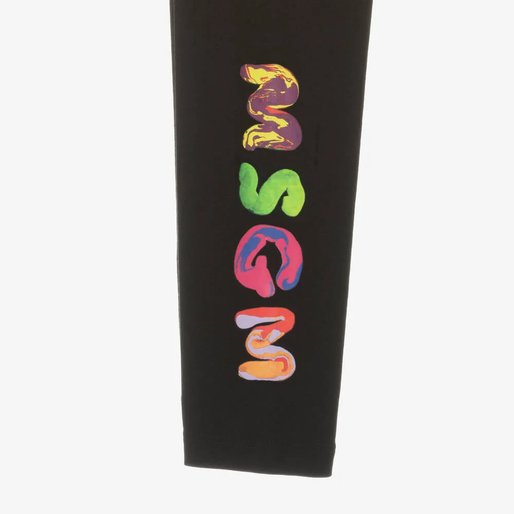 Girls Black Cotton Branded Leggings