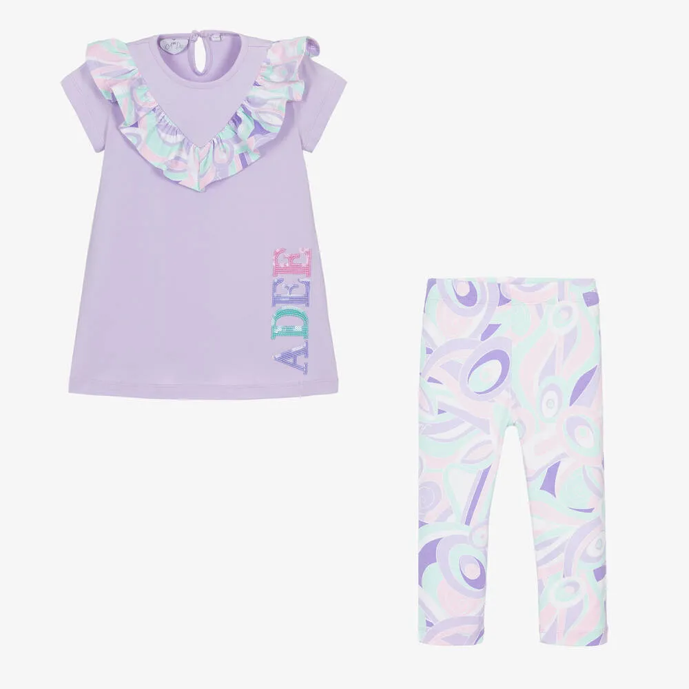 Girls Purple Cotton Abstract Leggings Set