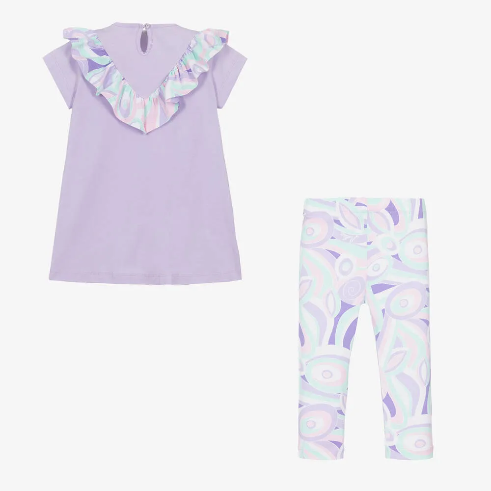 Girls Purple Cotton Abstract Leggings Set