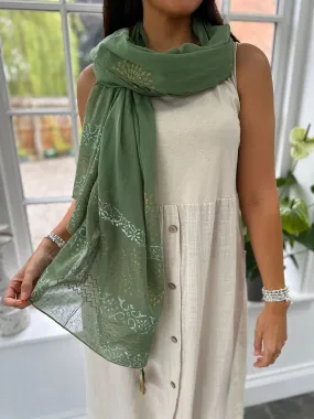 Green Printed Metallic Trim Tassel Scarf