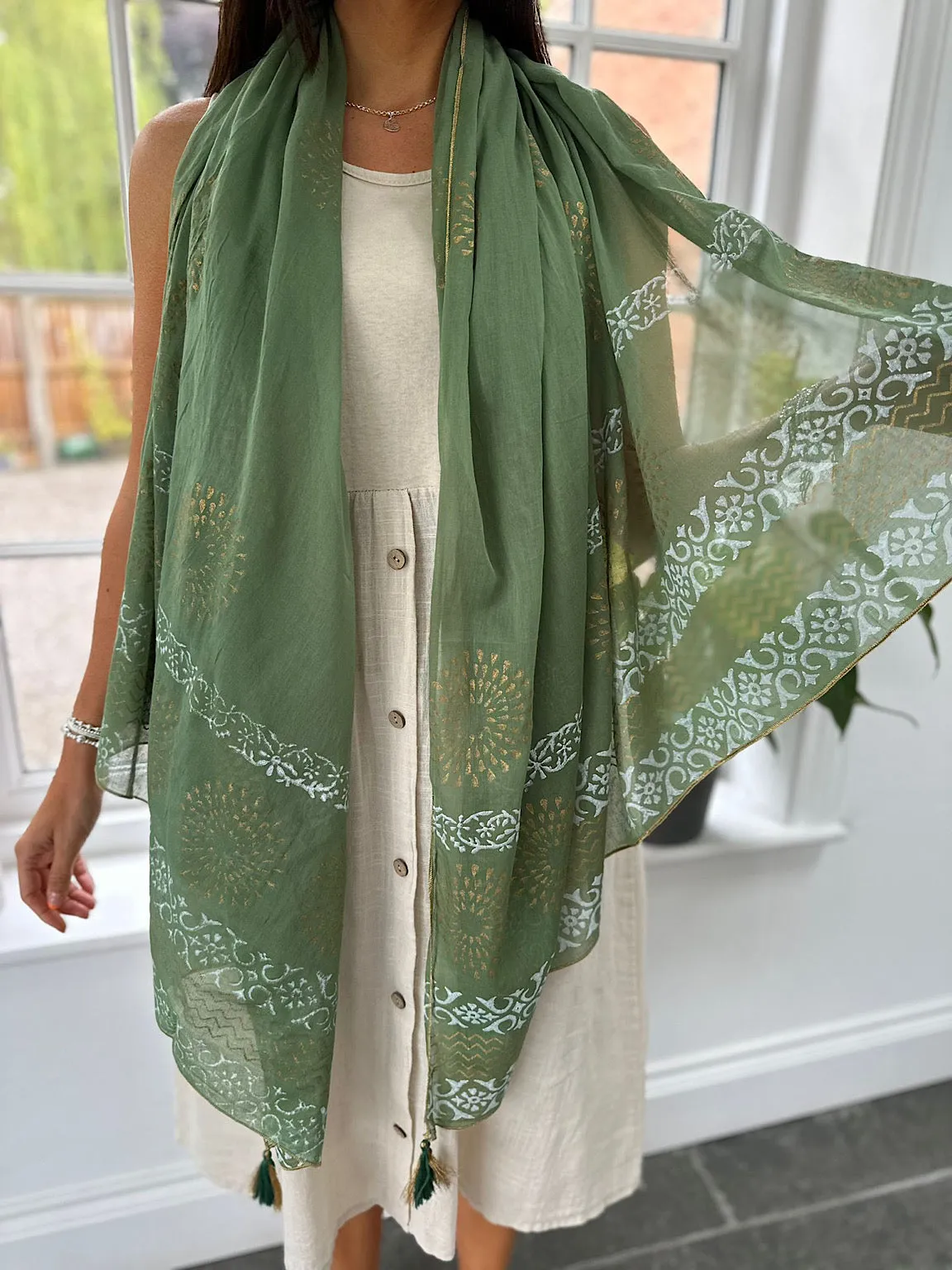 Green Printed Metallic Trim Tassel Scarf