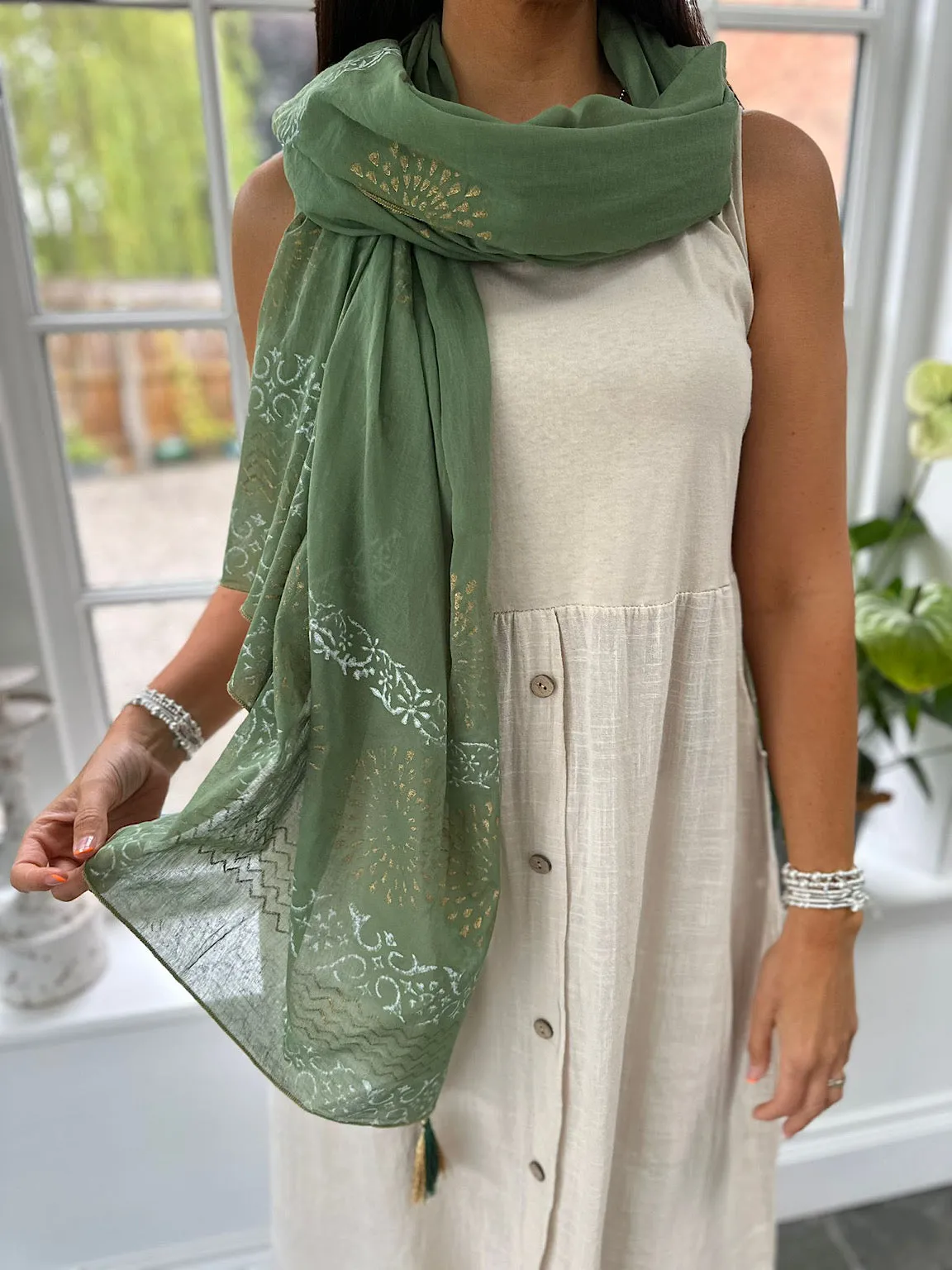 Green Printed Metallic Trim Tassel Scarf