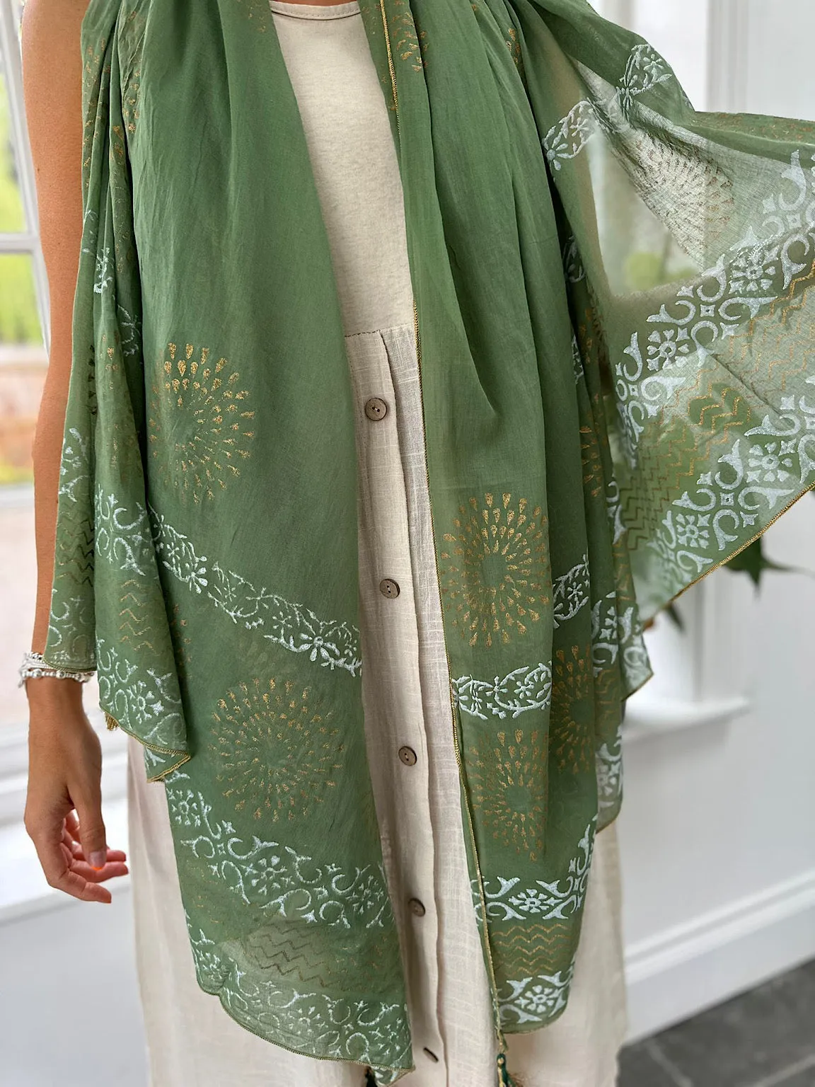 Green Printed Metallic Trim Tassel Scarf