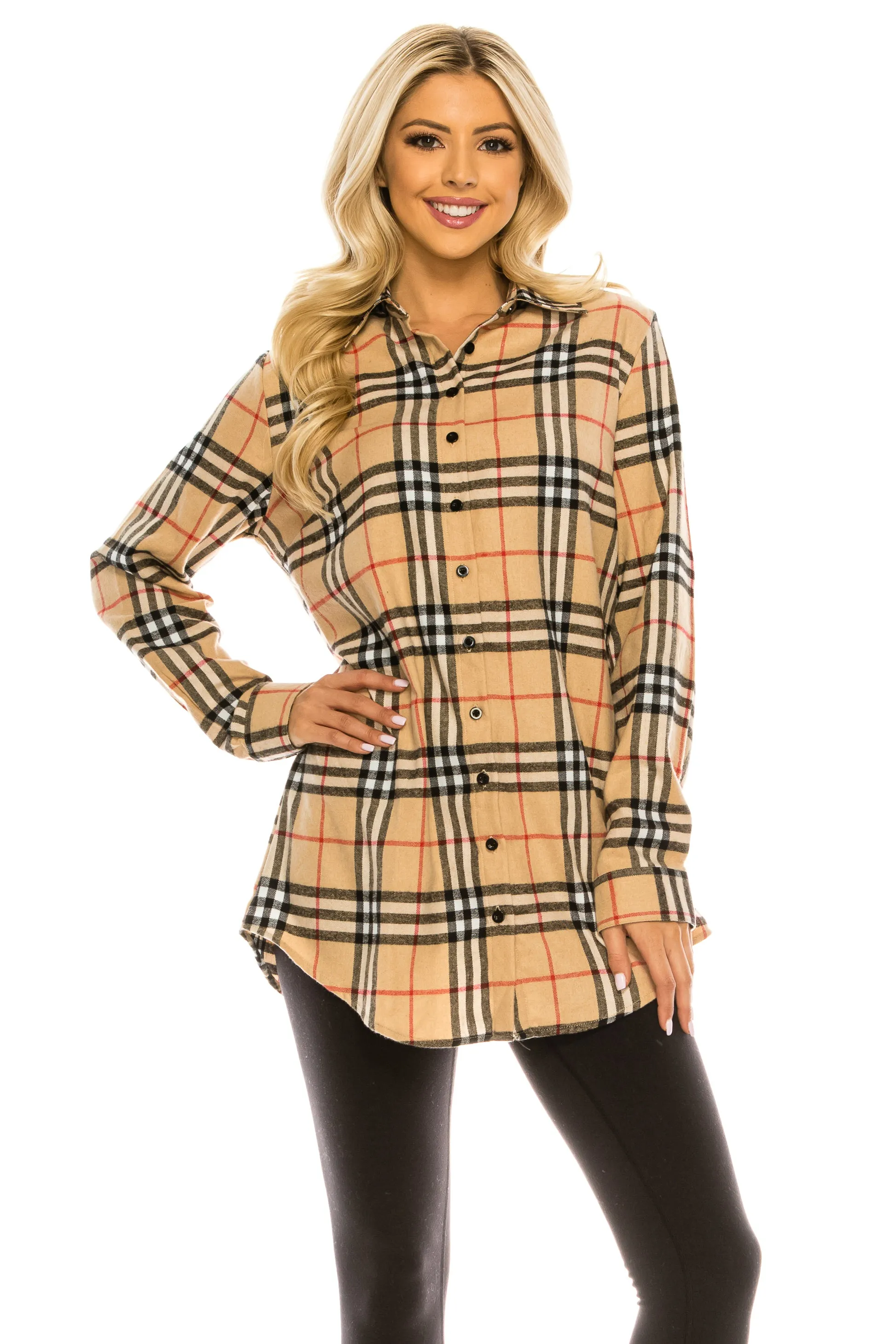 Haute Edition Women's Long Button Down Flannel Tunic Shirt with Plus