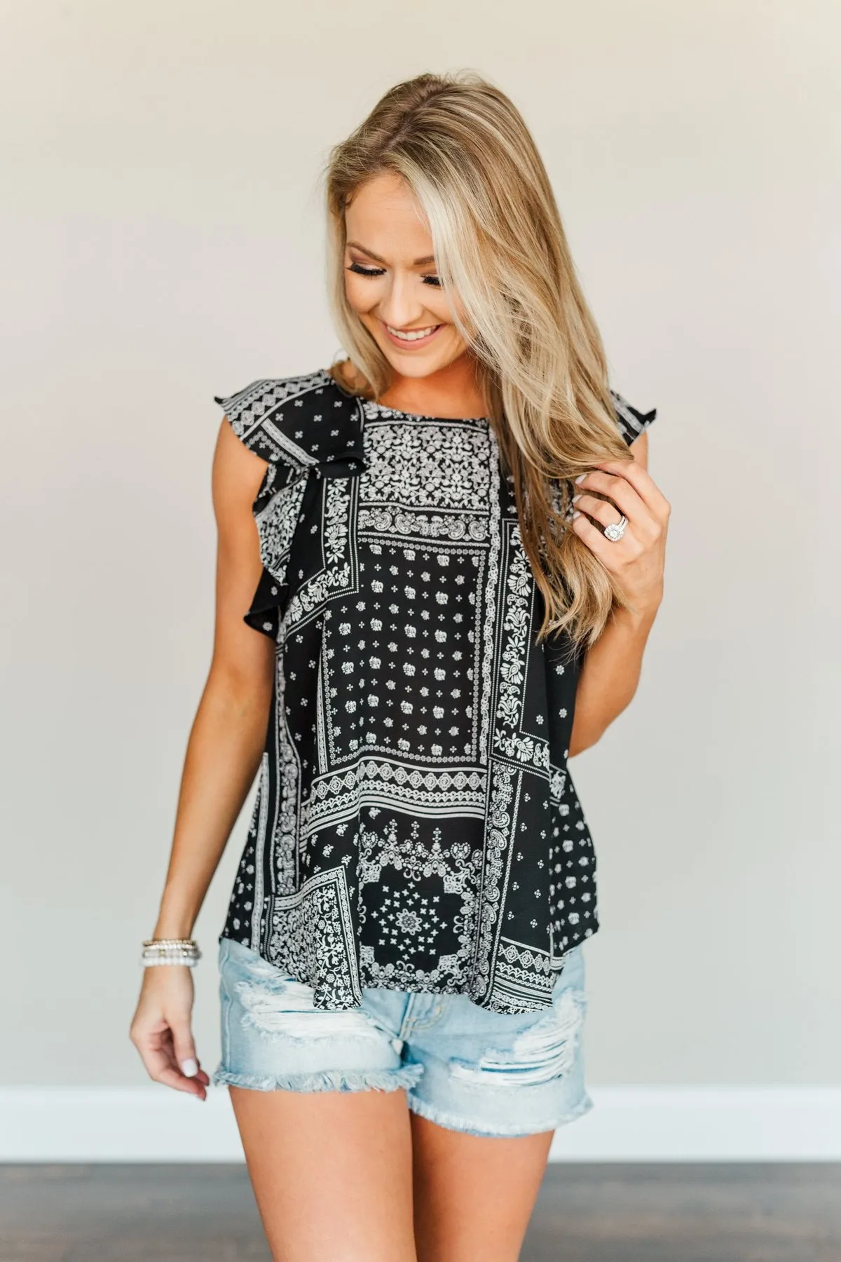 Hopelessly In Love Printed Ruffle Top- Black