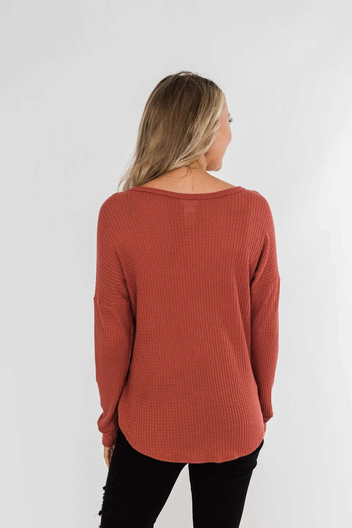 Knowing You V-Neck Thermal Top- Brick