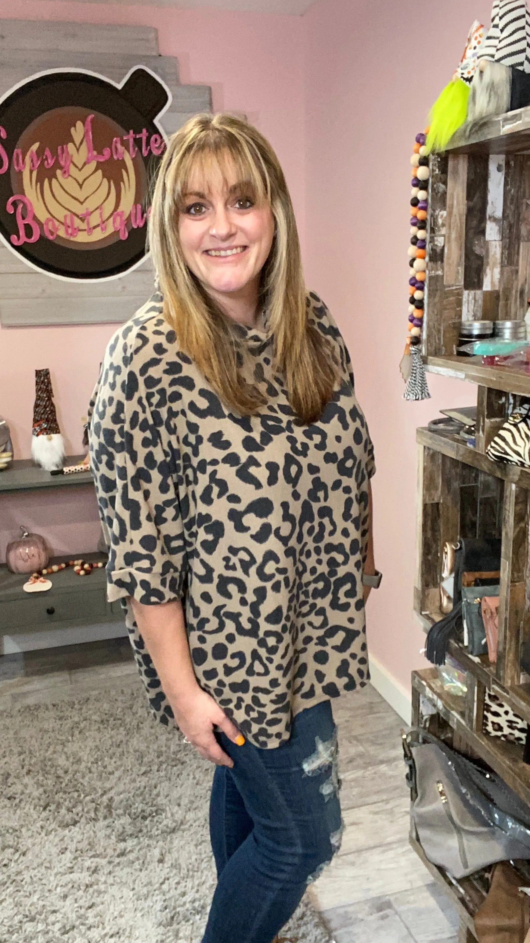 Leopard Cowl Neck Poncho