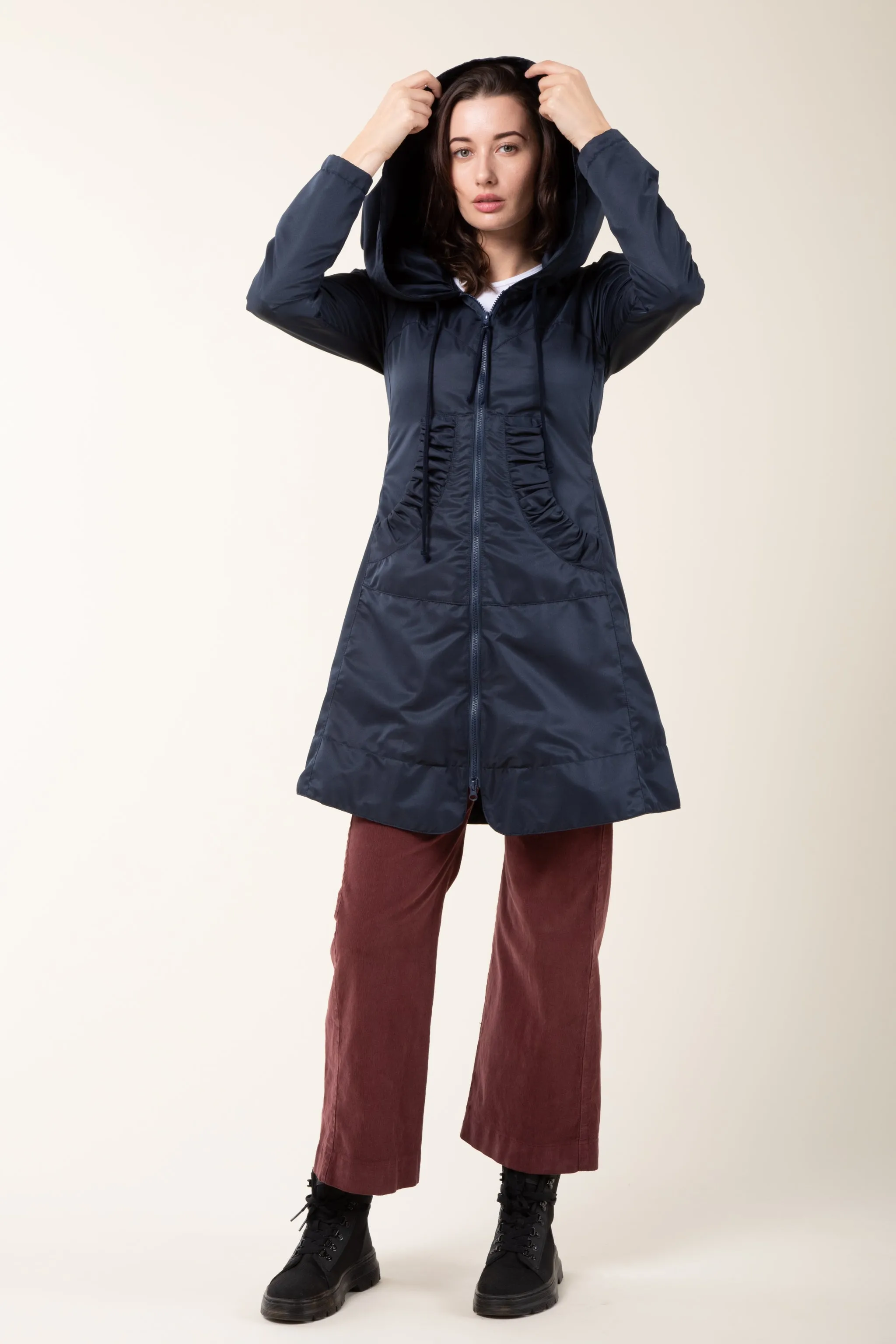 Long Raincloak in Navy with Burgundy Plaid