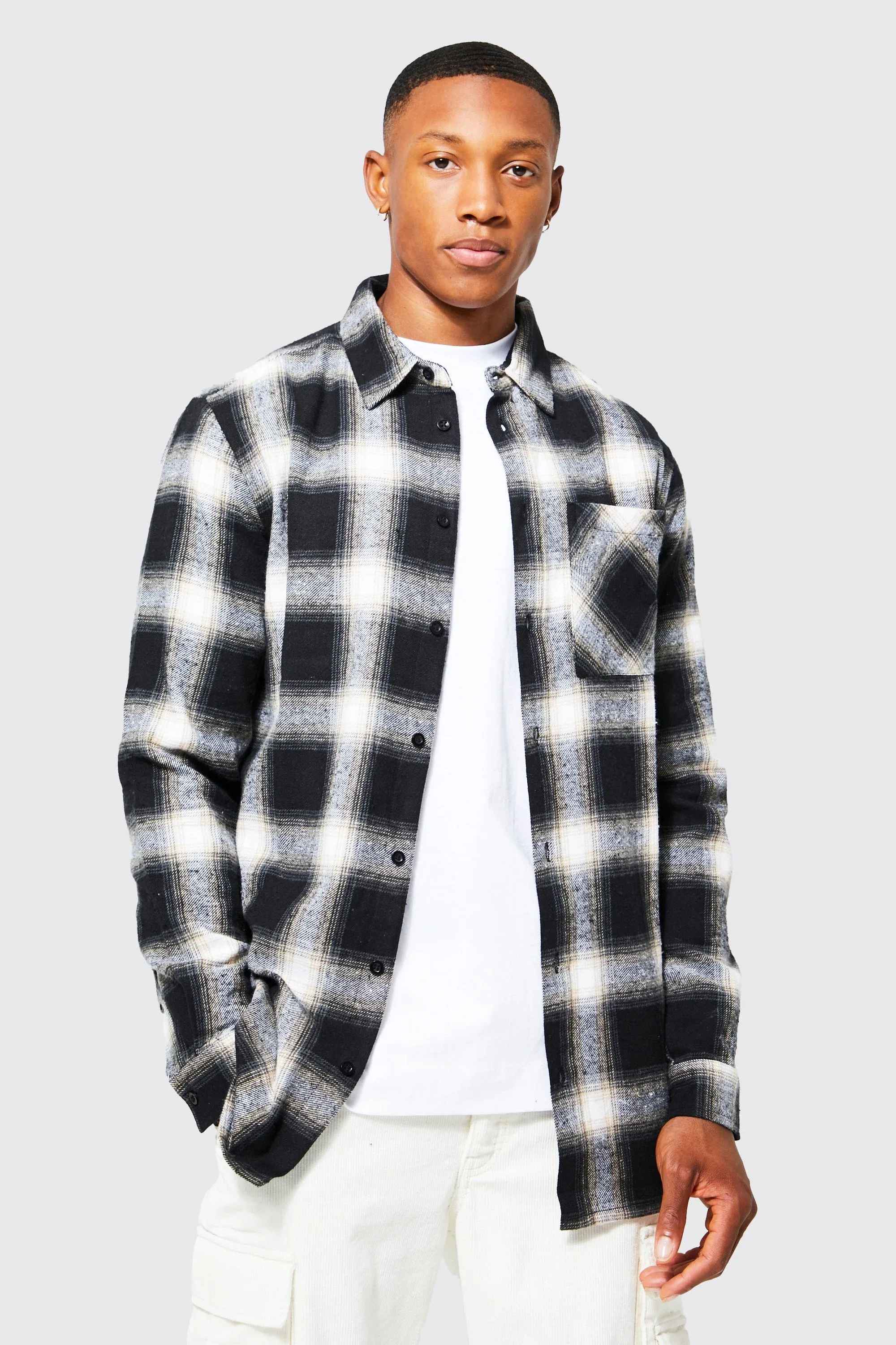 Long Sleeve Longline Check Flannel Shirt | boohooMAN UK