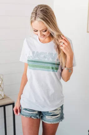 Lucky Retro Stripe Graphic Tee- Light Heather Grey