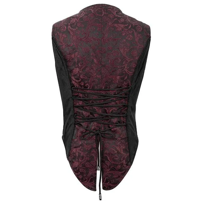 Men's Gothic Contrast Color Zip Jacquard Tailed Vests Dark Red