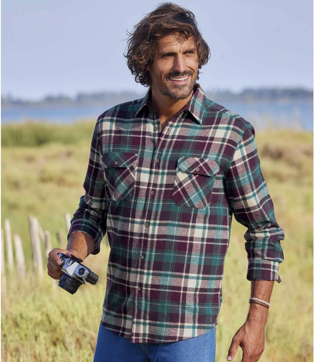 Men's Plum & Green Checked Flannel Shirt