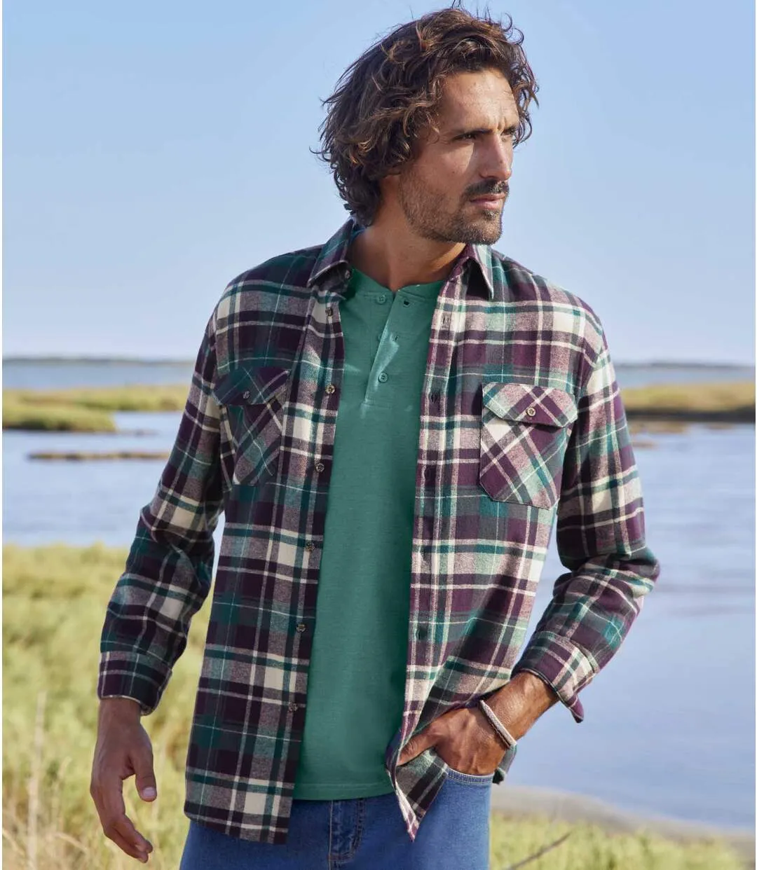 Men's Plum & Green Checked Flannel Shirt