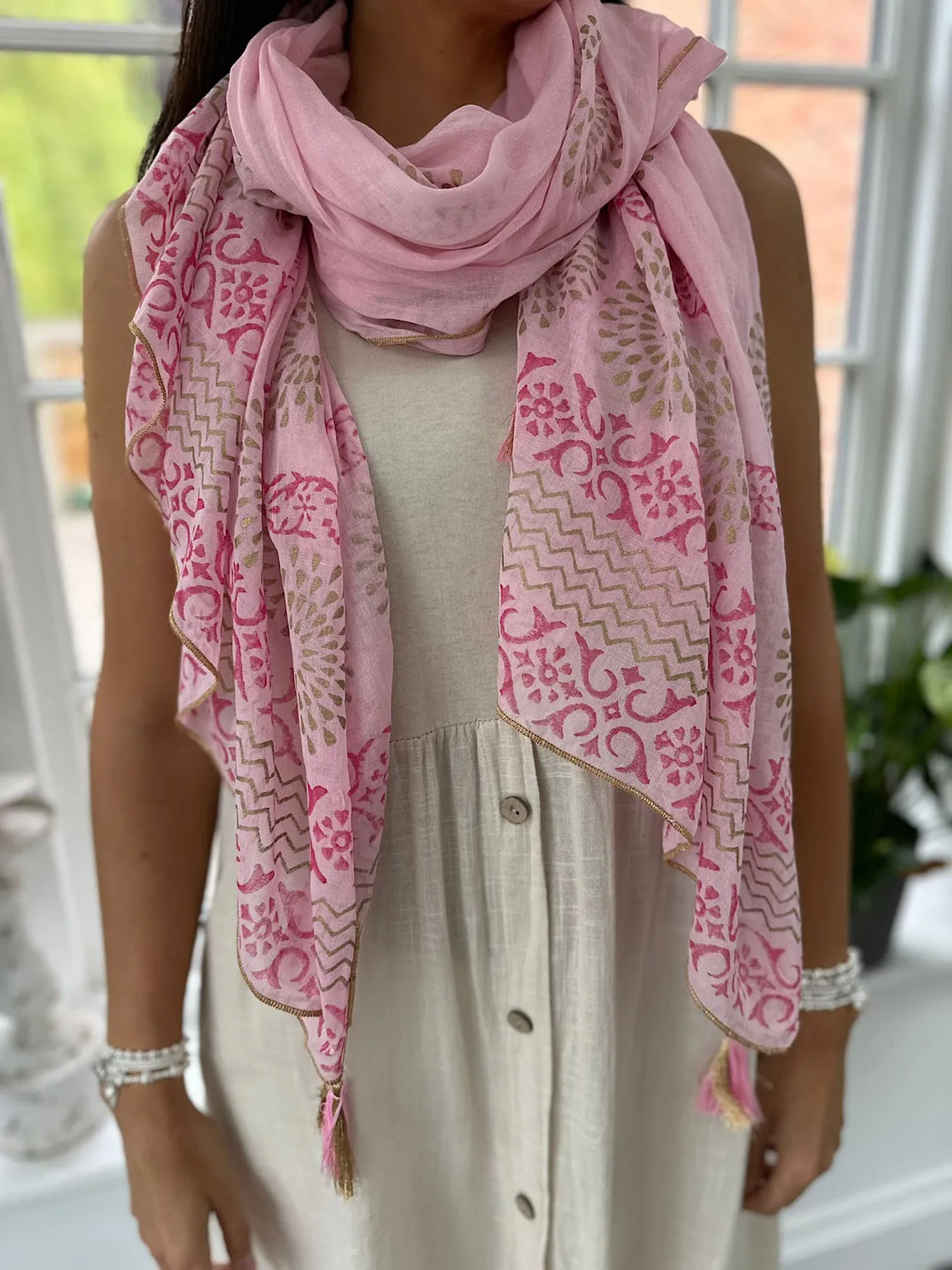 Pink Printed Metallic Trim Tassel Scarf