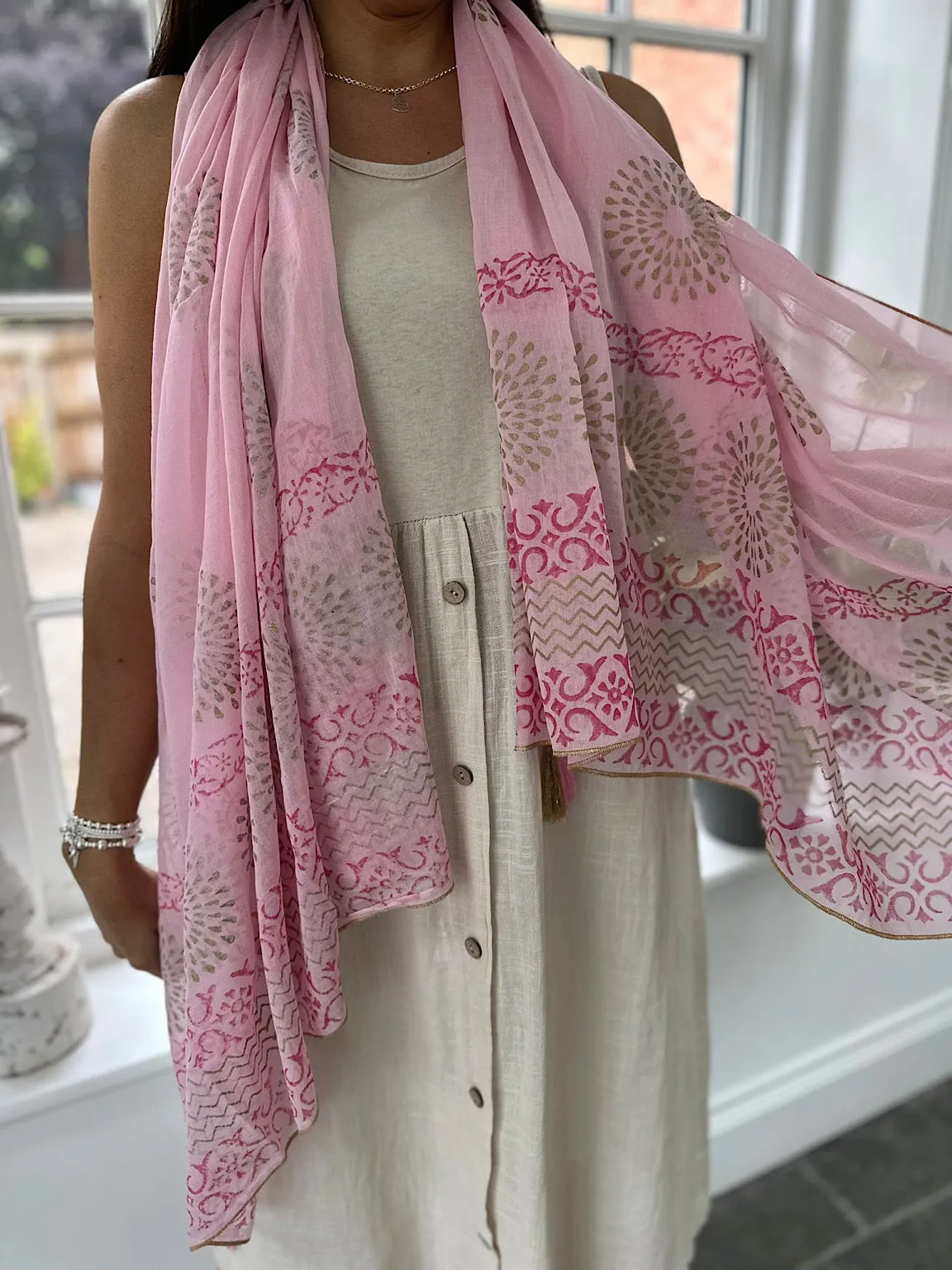 Pink Printed Metallic Trim Tassel Scarf