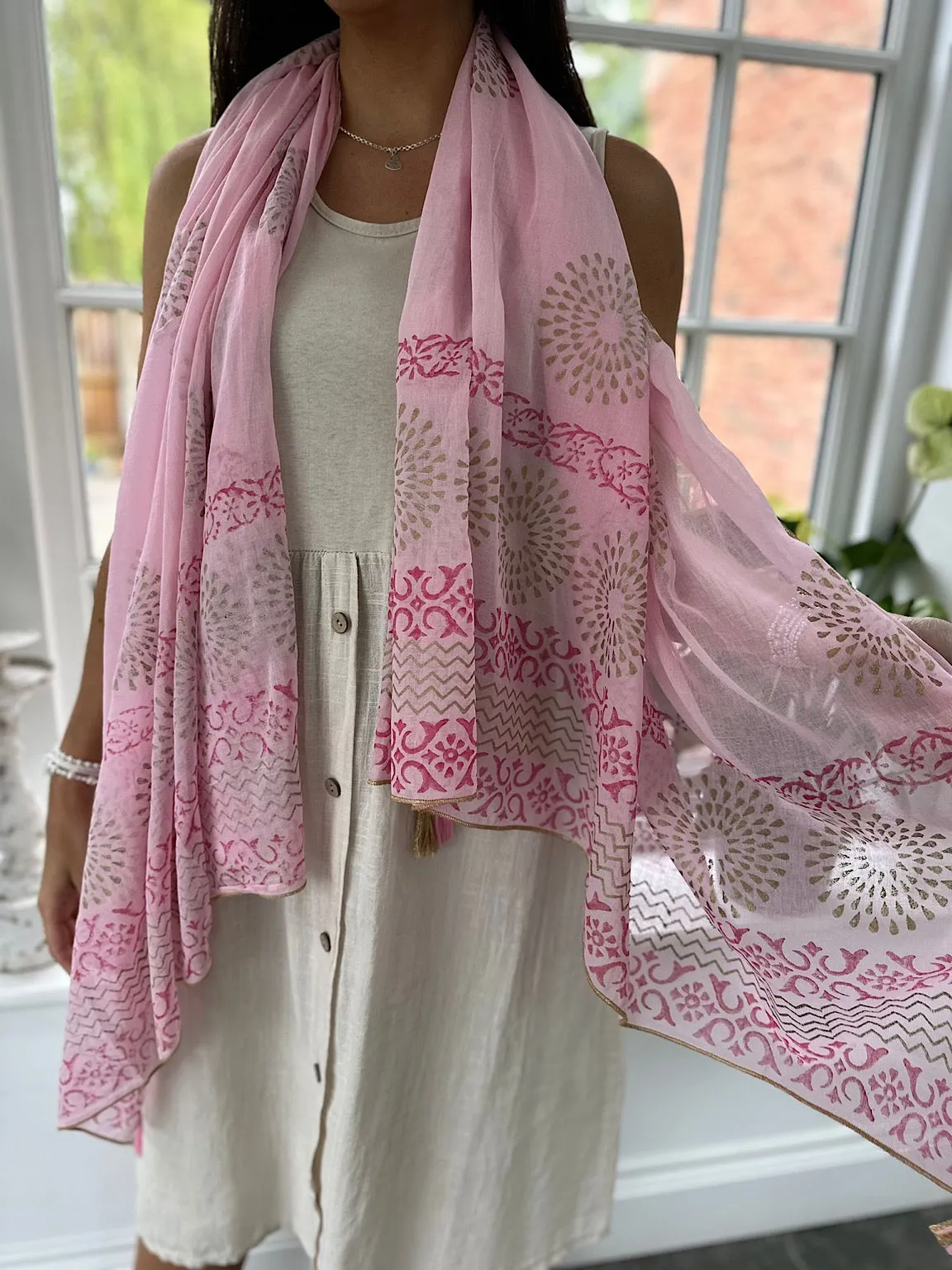 Pink Printed Metallic Trim Tassel Scarf