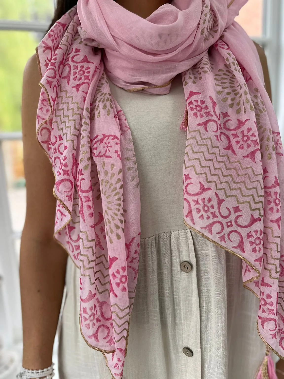 Pink Printed Metallic Trim Tassel Scarf