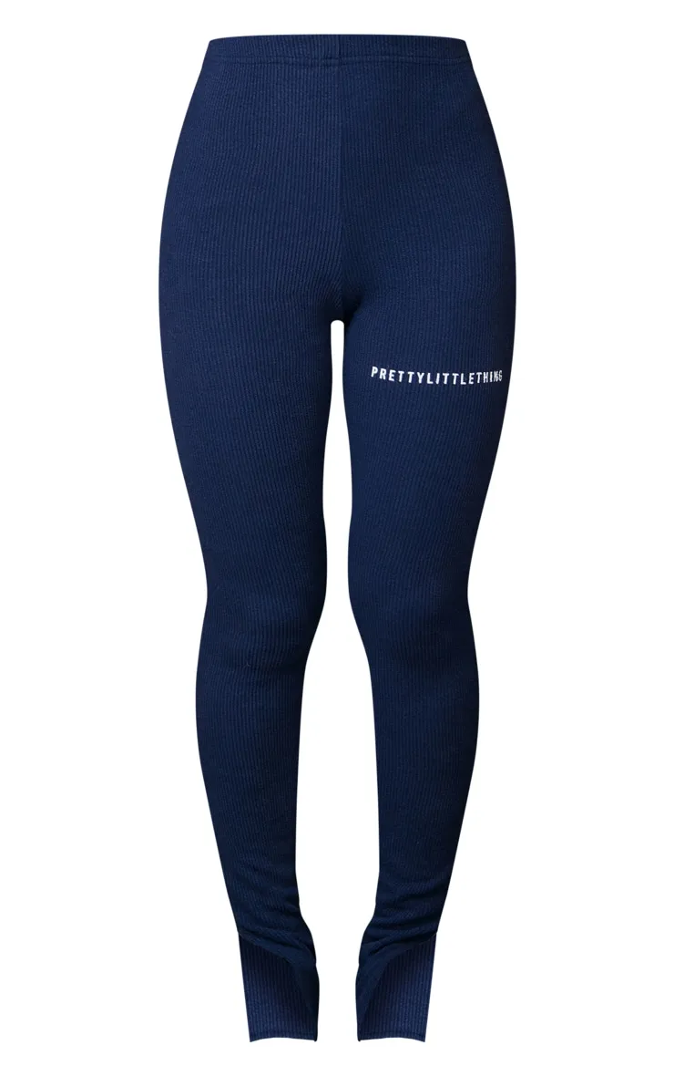 Prettylittlething Navy Rib Split Hem Leggings