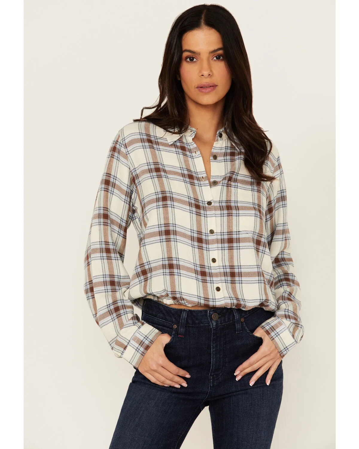 Product Name:  Cleo + Wolf Women's Amy Plaid Print Button-Up Cropped Long Sleeve Flannel Shirt