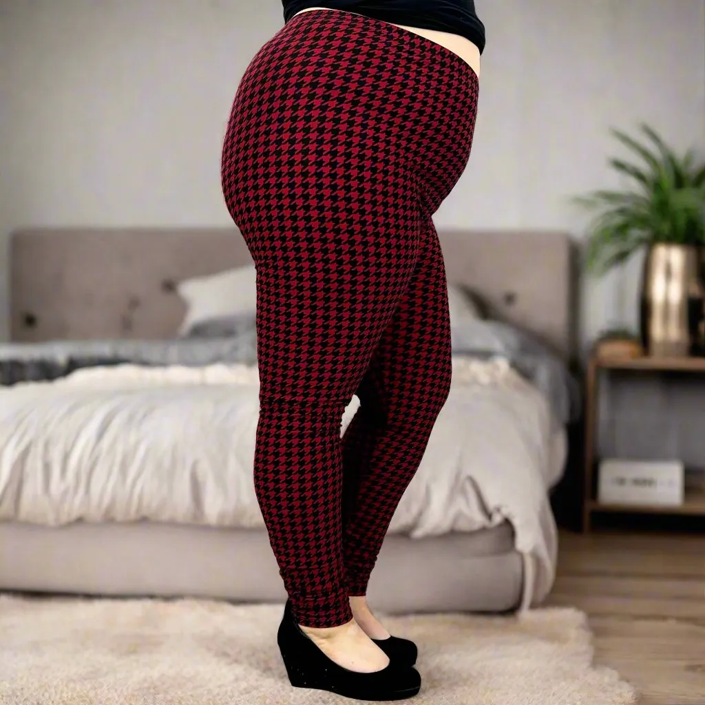 Red & Black Houndstooth Print Soft Leggings