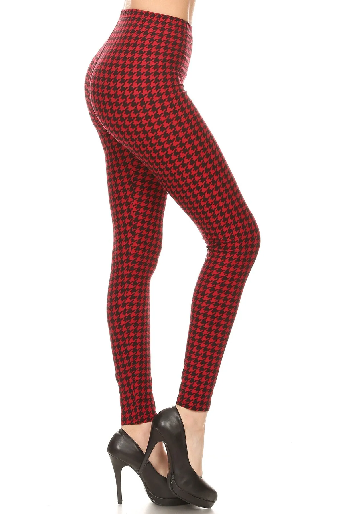 Red & Black Houndstooth Print Soft Leggings