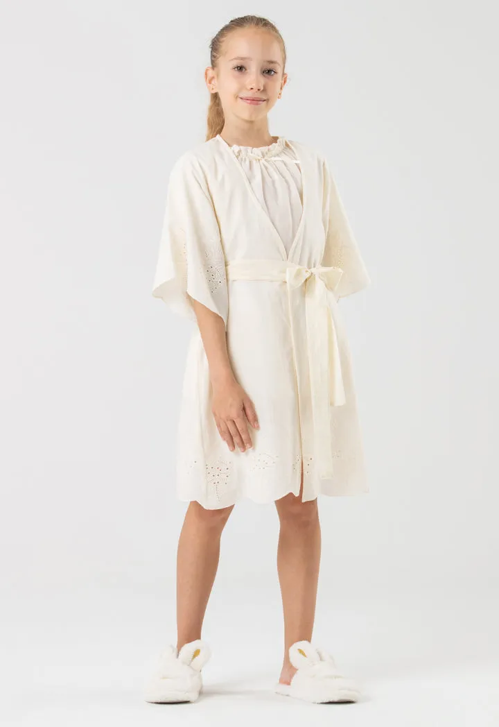 Schiffli Open Robe With Self Tie Waist Band