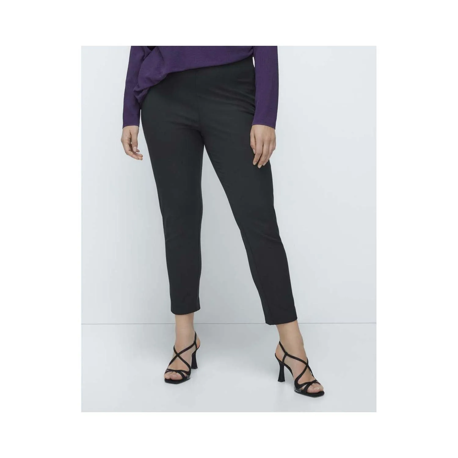 Slim Fit Plain-Coloured Trousers With Elastic Waistband - Black