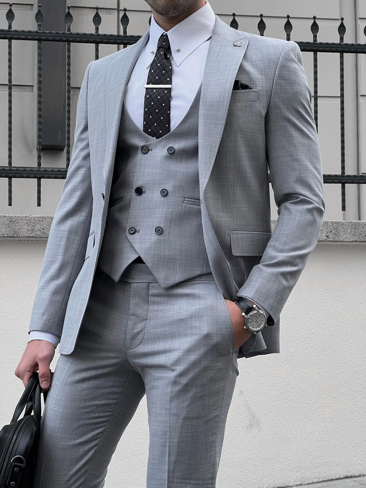 Slim Fit Pointed Collar Vest Gray Business Suit