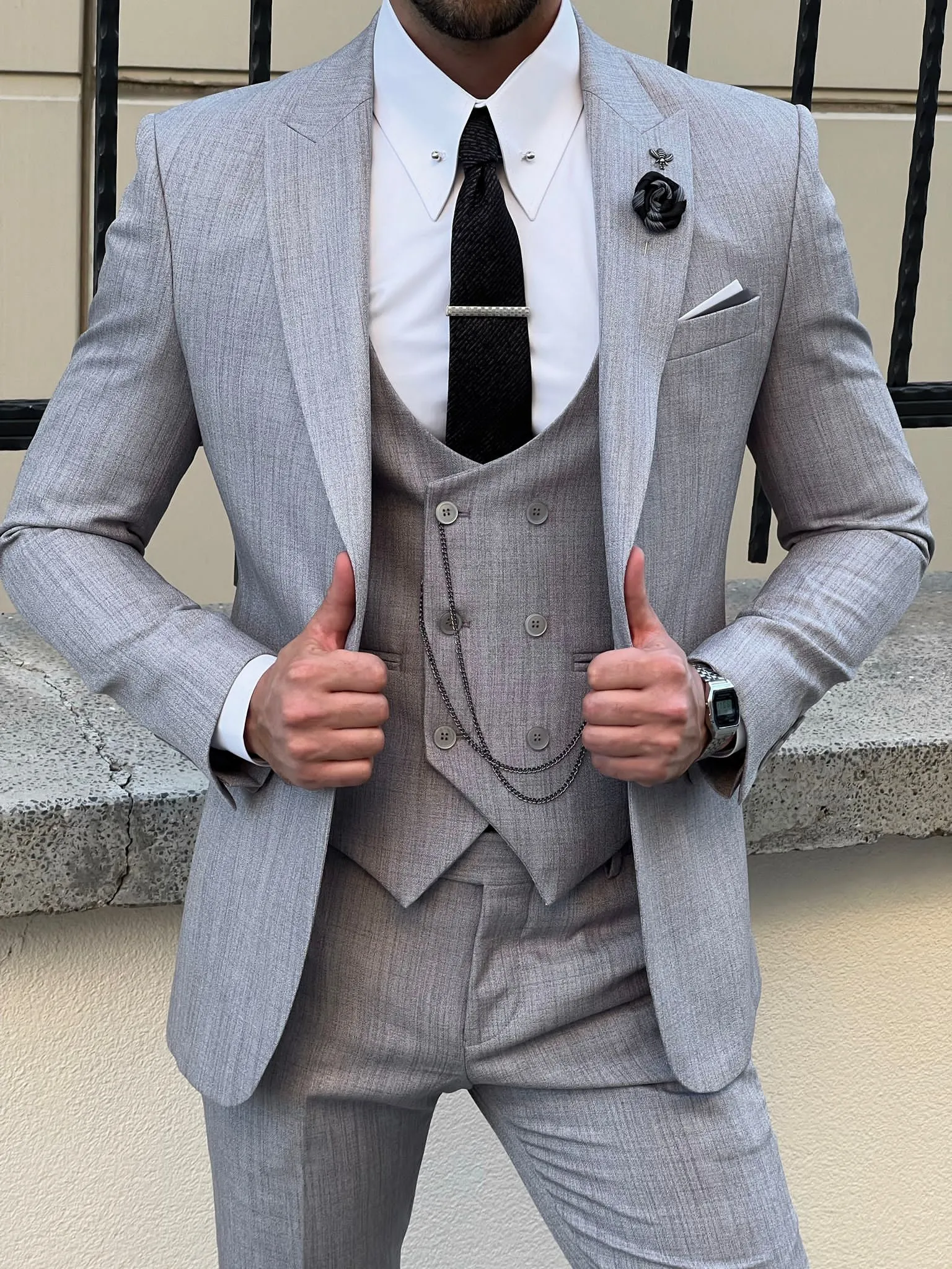 Slim Fit Self Patterned Pointed Collar Indigo Vest Suit