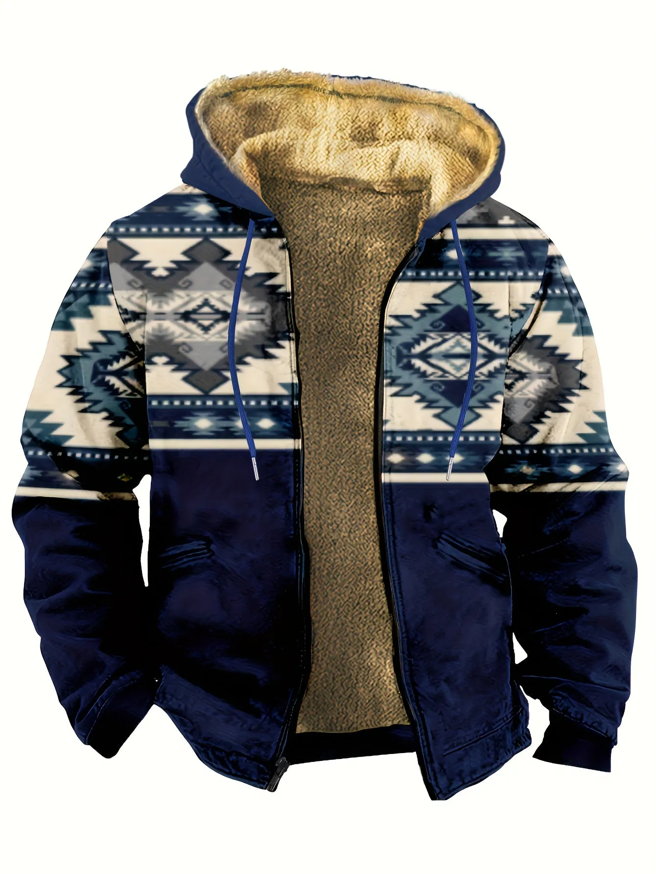 Southwest Style Warm Fleece Hooded Jacket, Men's Casual Warm Thick Zip Up Hoodie For Fall Winter