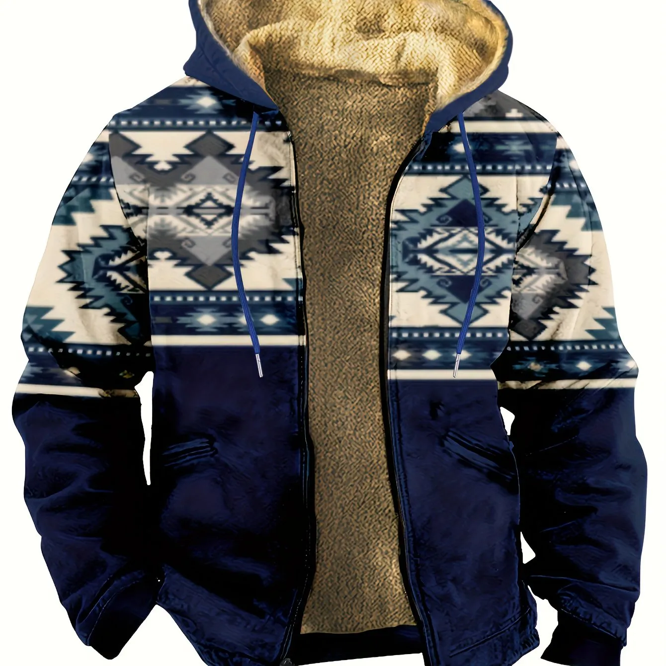 Southwest Style Warm Fleece Hooded Jacket, Men's Casual Warm Thick Zip Up Hoodie For Fall Winter