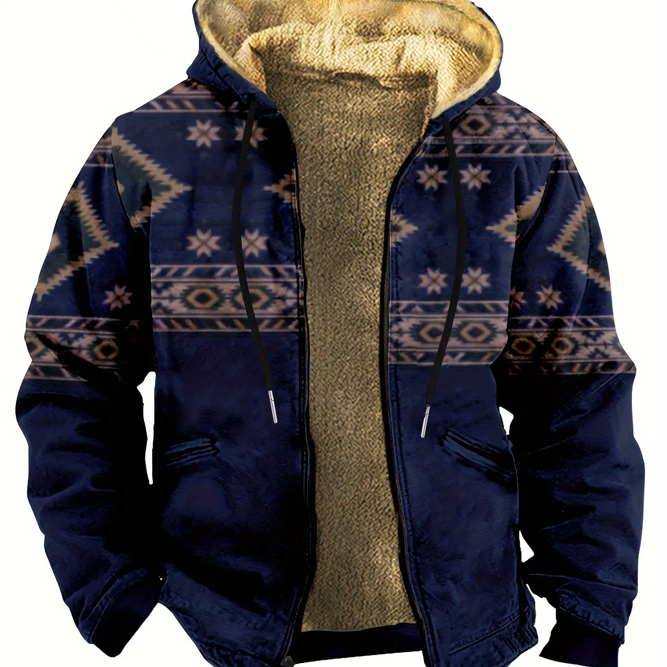 Southwest Style Warm Fleece Hooded Jacket, Men's Casual Warm Thick Zip Up Hoodie For Fall Winter