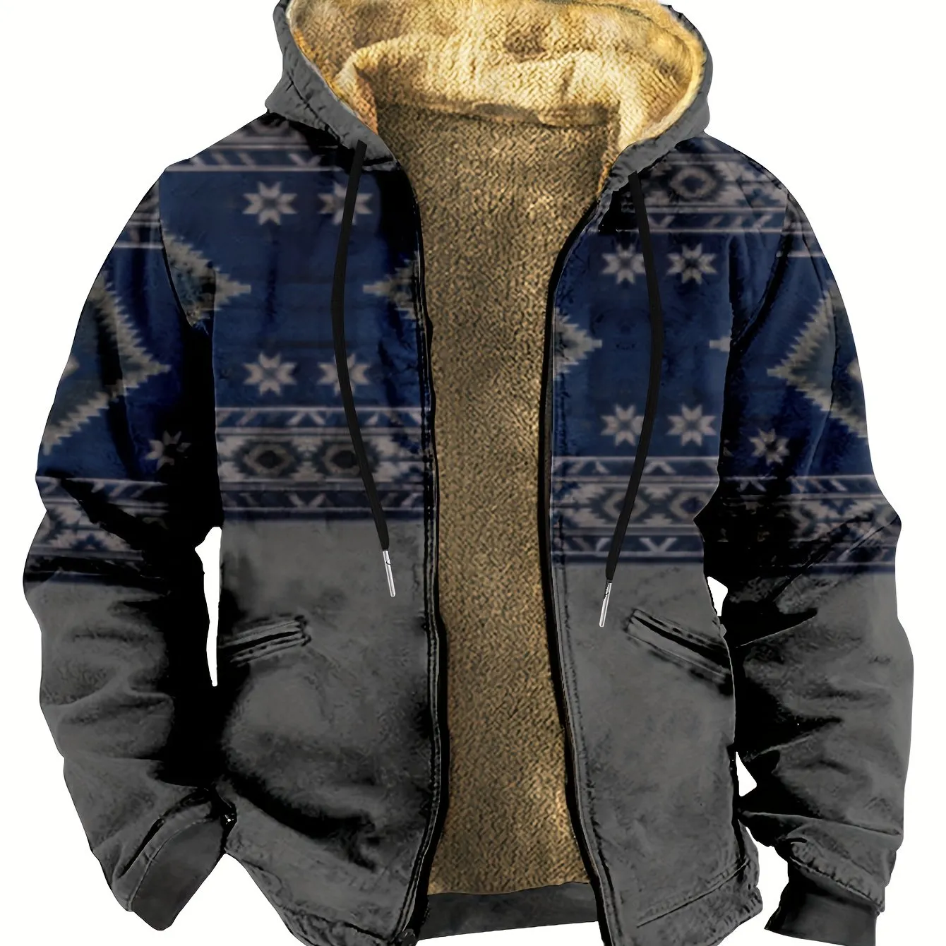 Southwest Style Warm Fleece Hooded Jacket, Men's Casual Warm Thick Zip Up Hoodie For Fall Winter