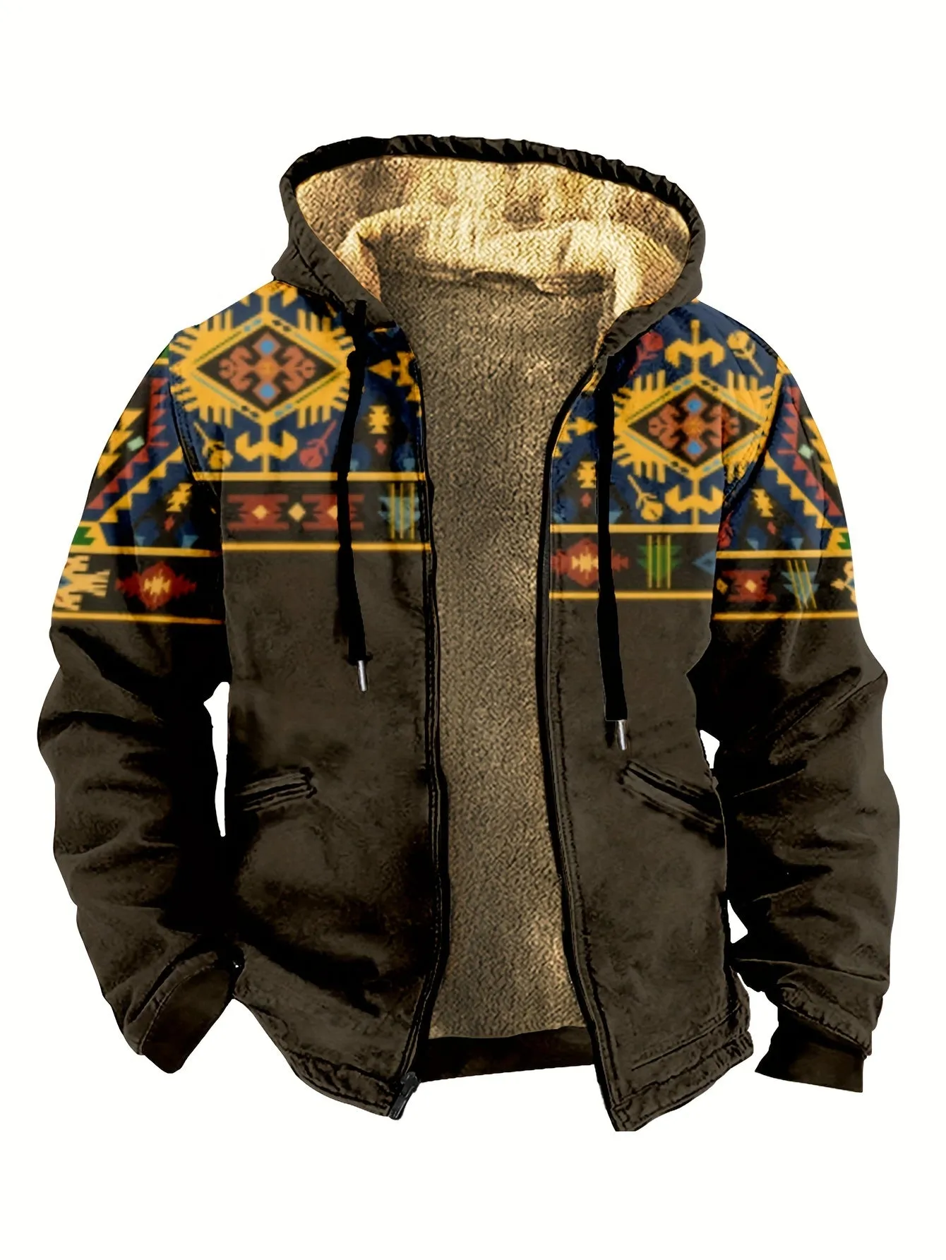 Southwest Style Warm Fleece Hooded Jacket, Men's Casual Warm Thick Zip Up Hoodie For Fall Winter