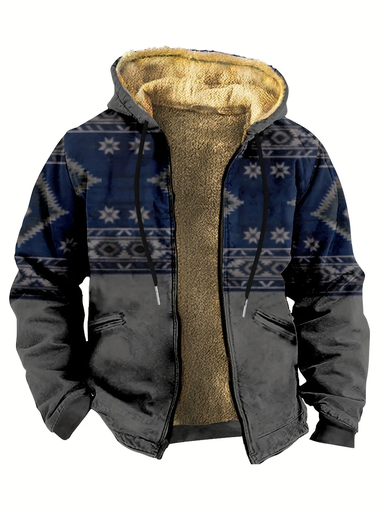 Southwest Style Warm Fleece Hooded Jacket, Men's Casual Warm Thick Zip Up Hoodie For Fall Winter