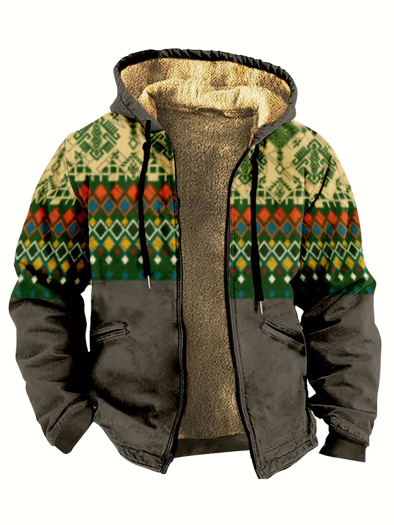 Southwest Style Warm Fleece Hooded Jacket, Men's Casual Warm Thick Zip Up Hoodie For Fall Winter