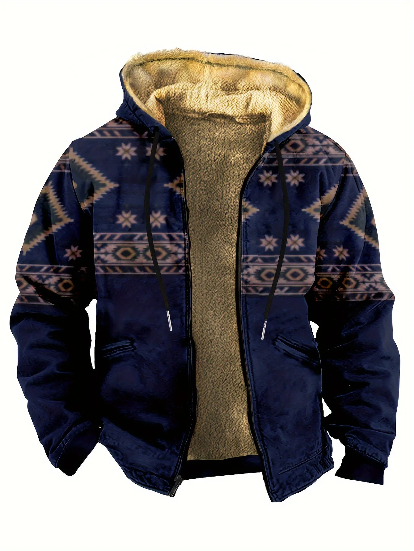 Southwest Style Warm Fleece Hooded Jacket, Men's Casual Warm Thick Zip Up Hoodie For Fall Winter