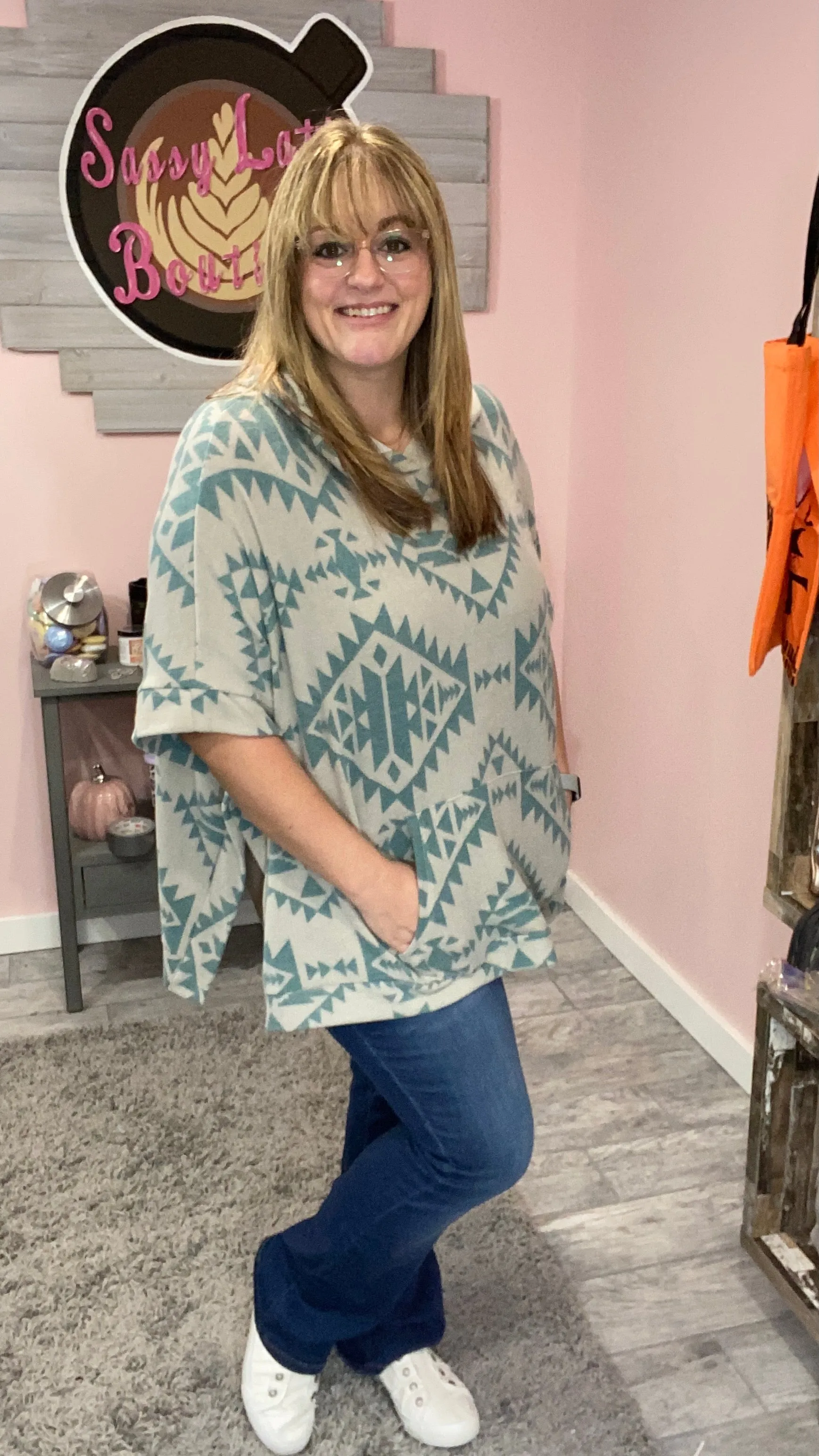 Teal Aztec Hoodie Poncho