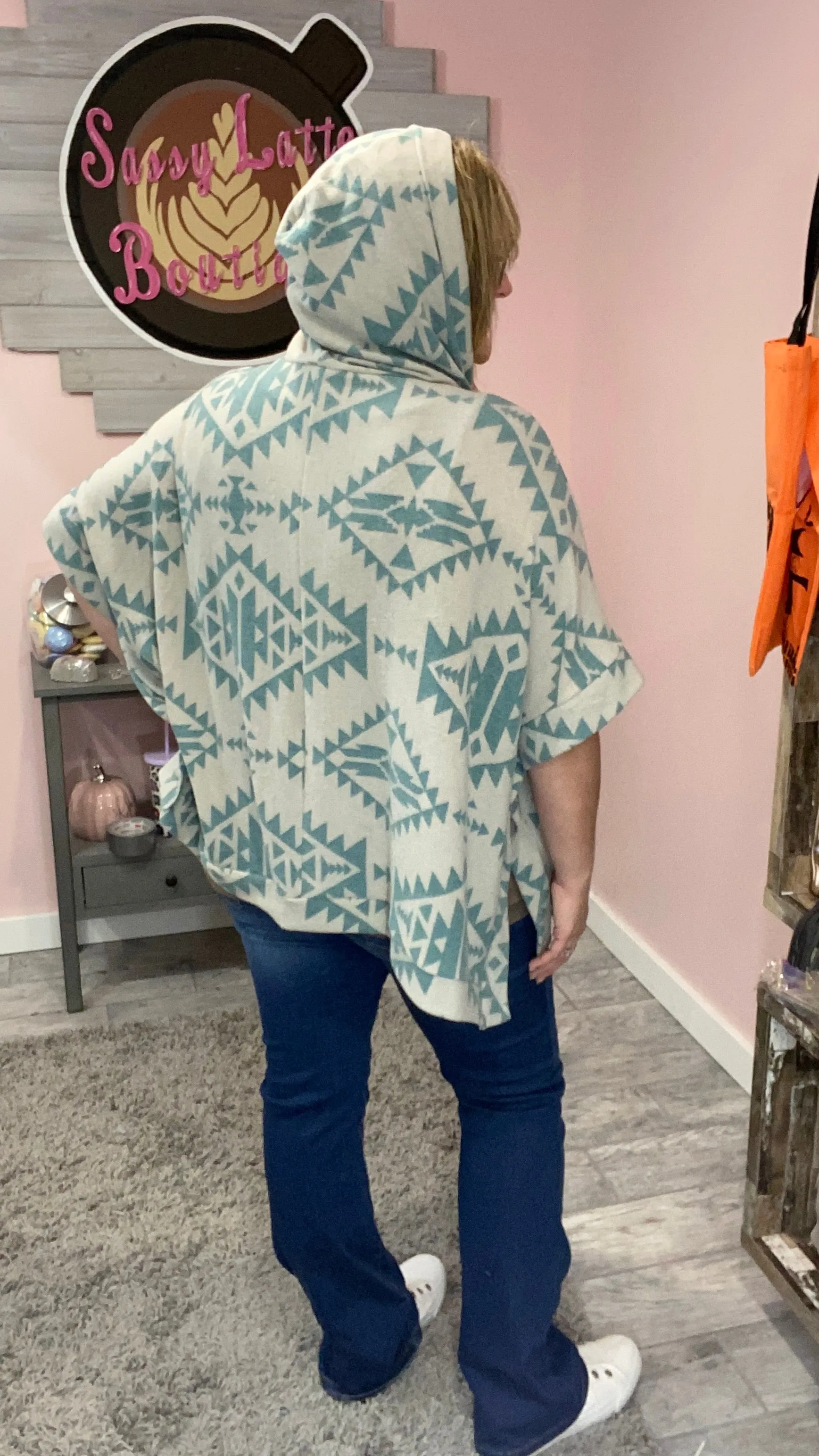 Teal Aztec Hoodie Poncho