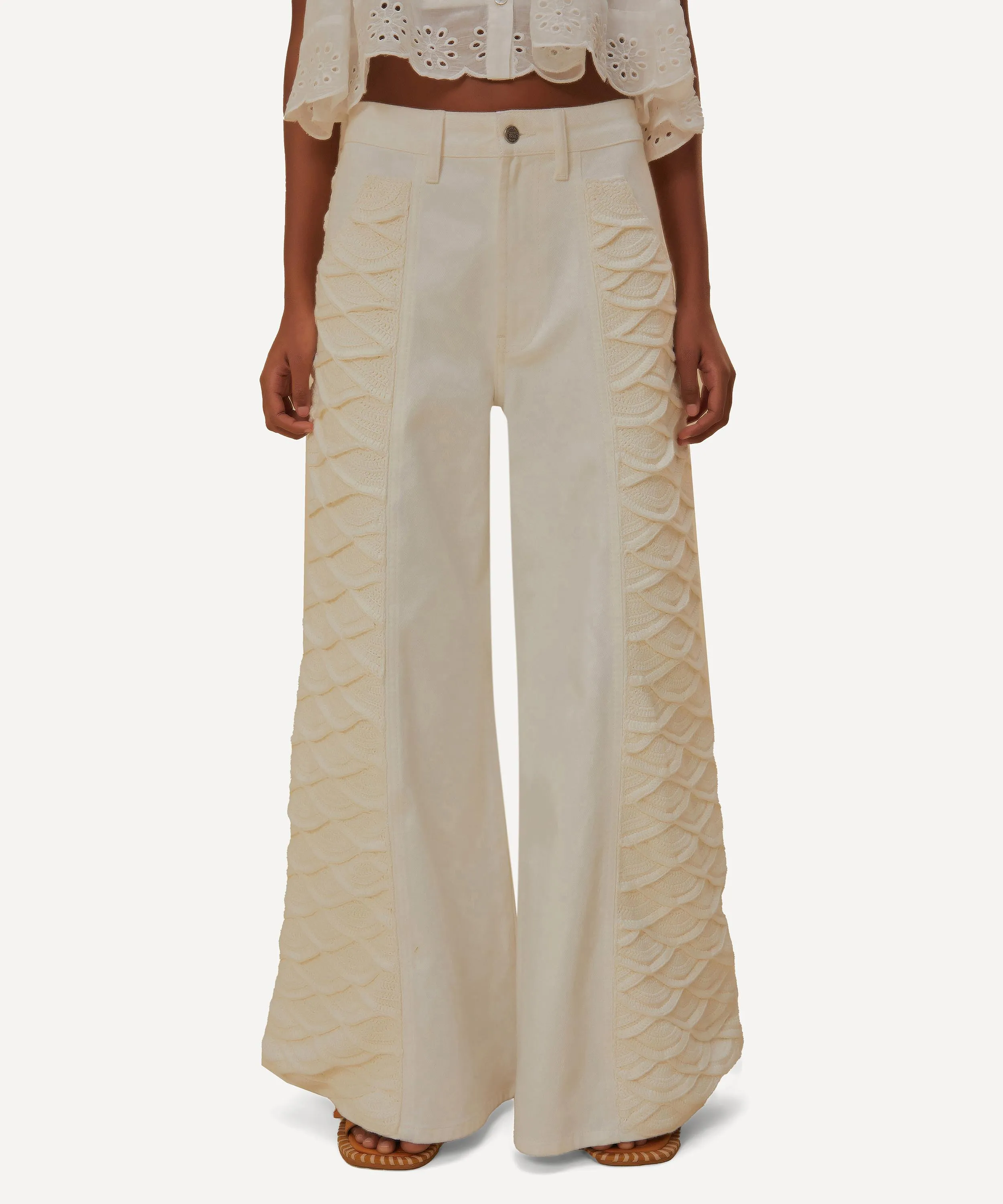 White Crochet Wide-Leg Trousers