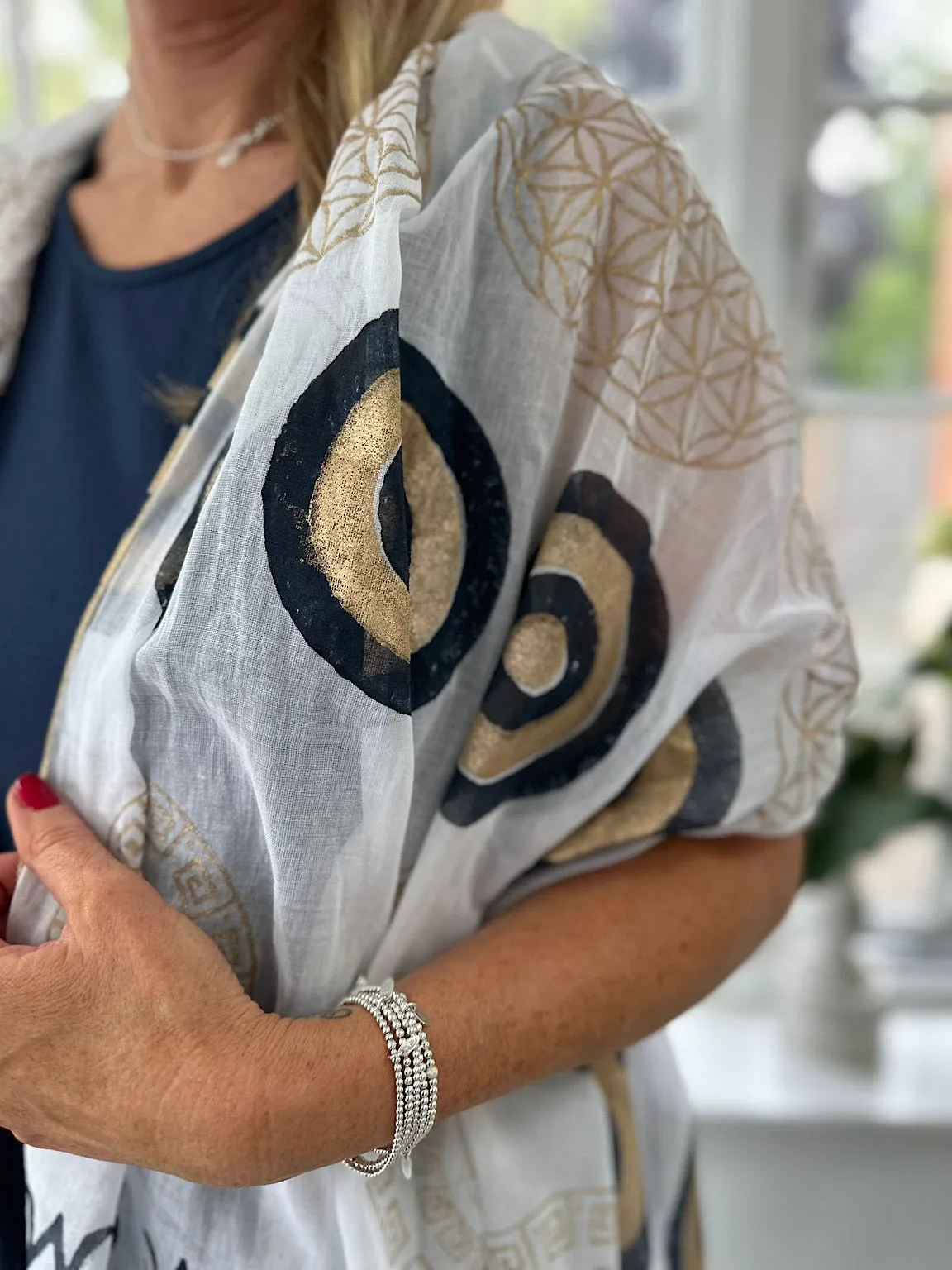 White Metallic Gold Greek Key Tassel Scarf