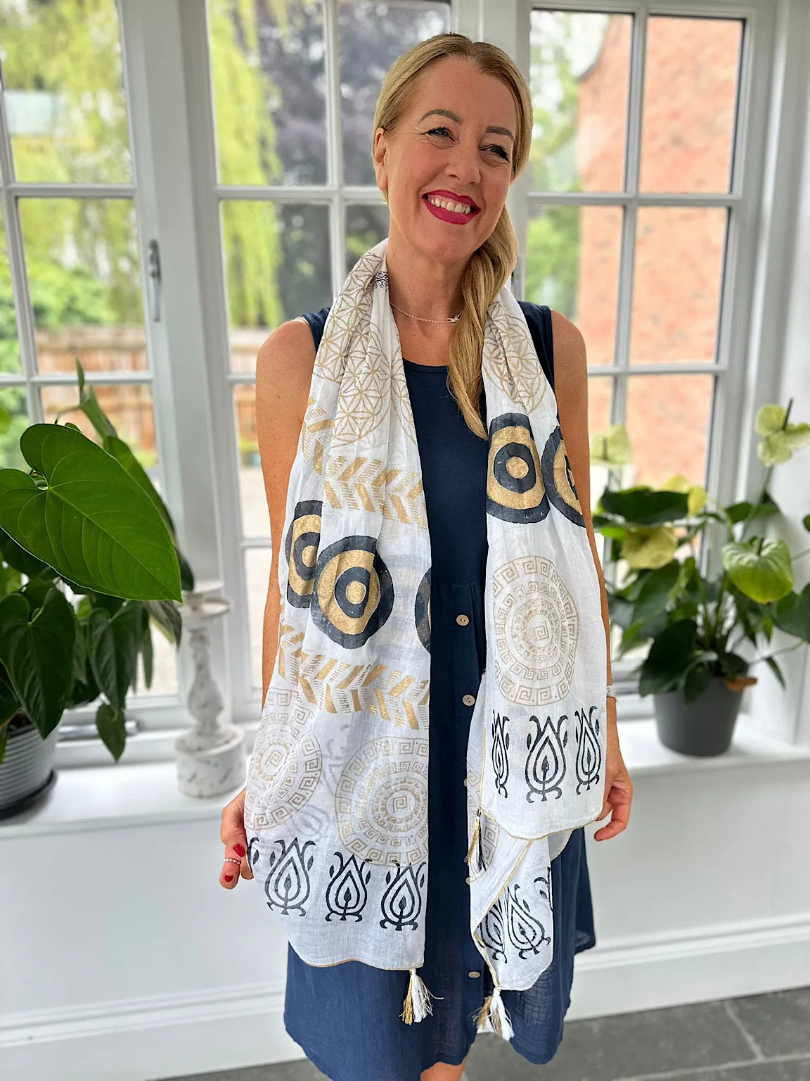 White Metallic Gold Greek Key Tassel Scarf